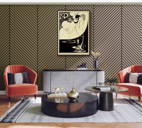 Modern mid century living room interior with pastel colors.