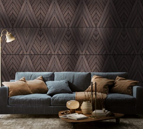 Modern home interior mock-up with dark blue sofa, table and decor in living room