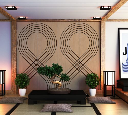 Japanese living room with lamp, frame, black low table and bonsai in room white wall on floor tatami mat. 3D rendering